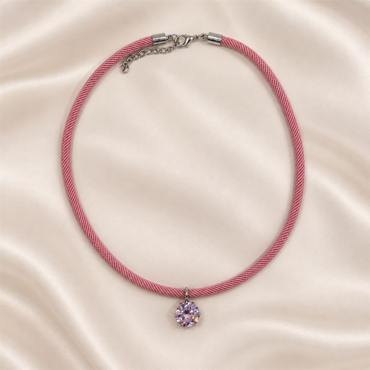 Colar Cordão Rosa com Pingente Ponto de Luz Rosa